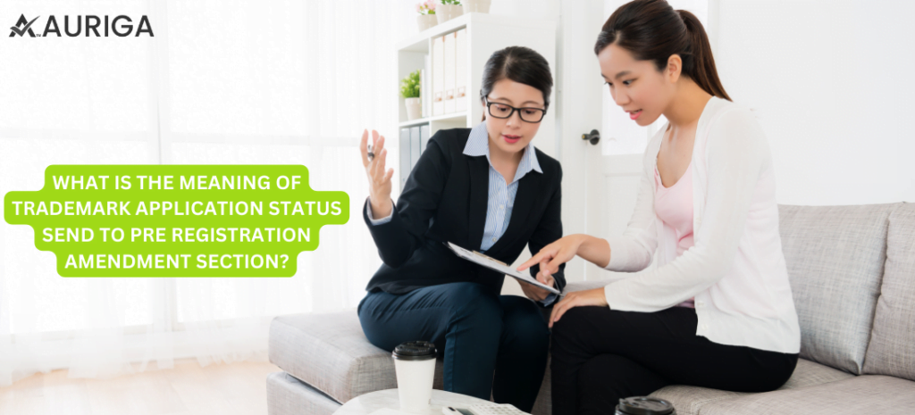WHAT IS THE MEANING OF TRADEMARK APPLICATION STATUS SEND TO PRE REGISTRATION AMENDMENT SECTION? 1 AURIGA ACCOUNTING PRIVATE LIMITED WHAT IS THE MEANING OF TRADEMARK APPLICATION STATUS SEND TO PRE REGISTRATION AMENDMENT SECTION?